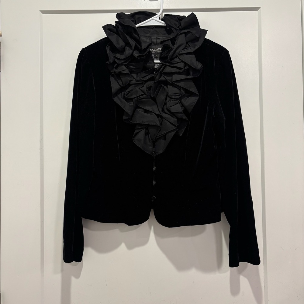 Xscape Joanna Chen Black Velvet Ruffle‎ Collar Evening Jacket Blazer Womens 10